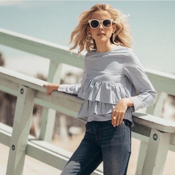 Sincerely Jules pinstripe ruffle front Victoria blouse size medium - Picture 2 of 13